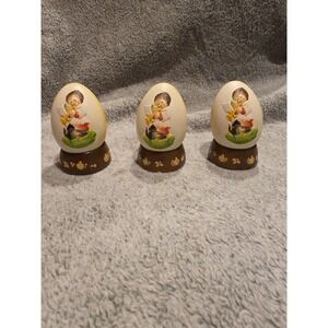 3 Handpainted Eggs Ferrandiz Anri Italy With Woodem Stands 1979